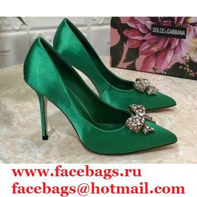 Dolce & Gabbana Heel 10.5cm Satin Pumps Green with Crystal Bow 2021